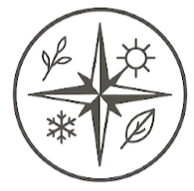 A circular logo featuring a compass rose with symbols representing the four seasons: a branch, a sun, a leaf, and a snowflake.